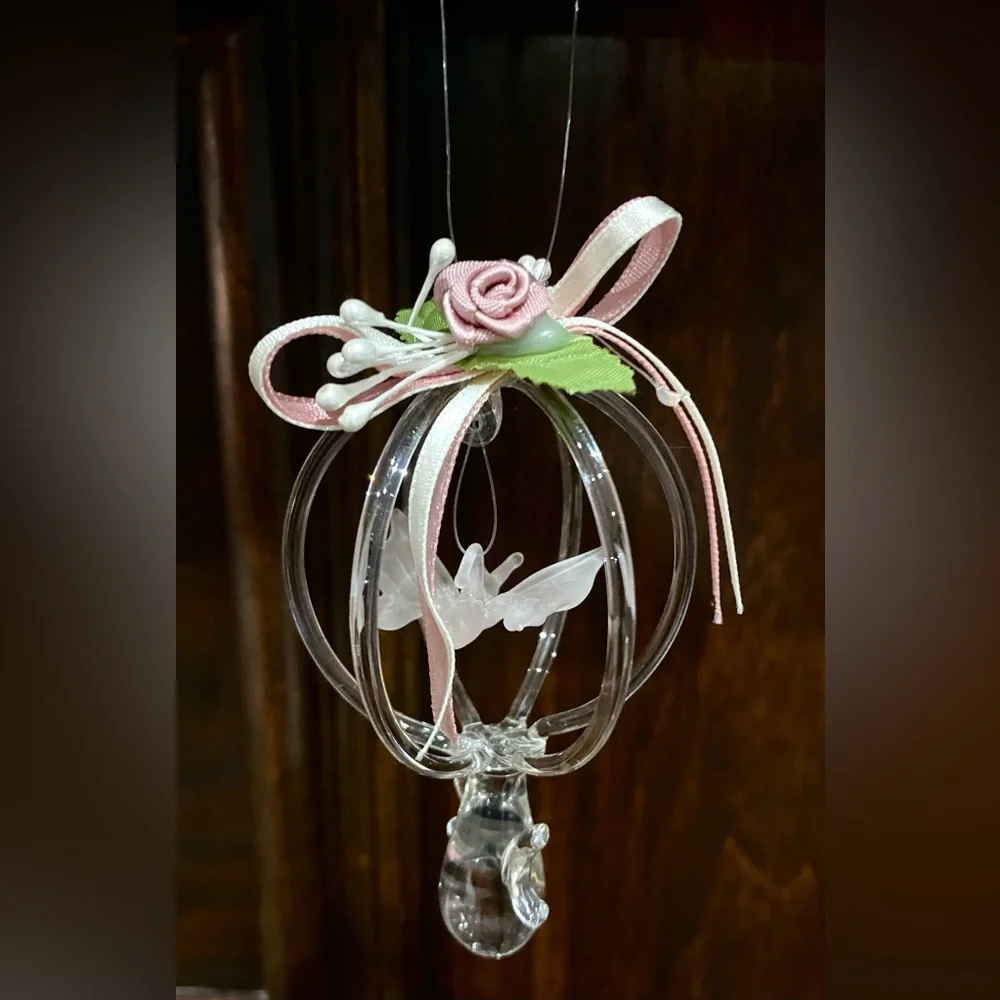 Silvestri Vintage Hand Blown Glass Pink Floral Ribbon Caged Butterfly Ornament